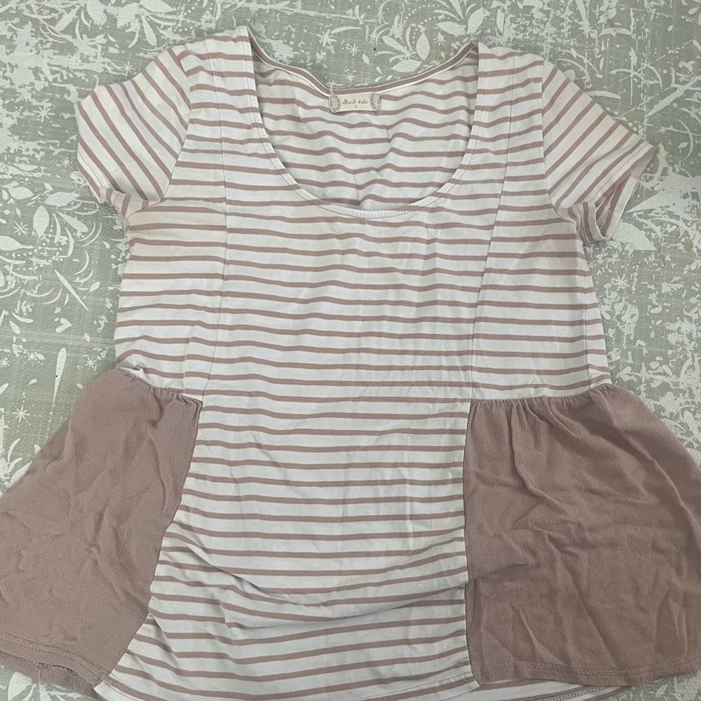 Altar'd State Tan and White Striped Feminine Boheme Short Sleeve Top